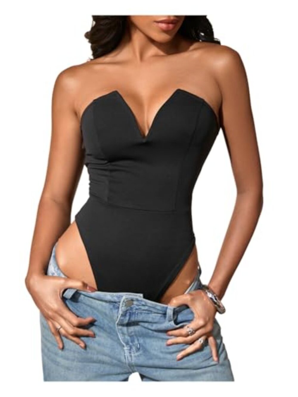 Milumia Strapless Deep V Neck Backless Slim Fit Bodysuit Top
